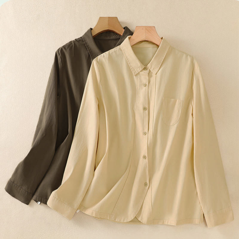 Buddha Stones Spring Lapel Long Sleeve Plain Women's Cotton Buttons Shirt With Pockets - image 18