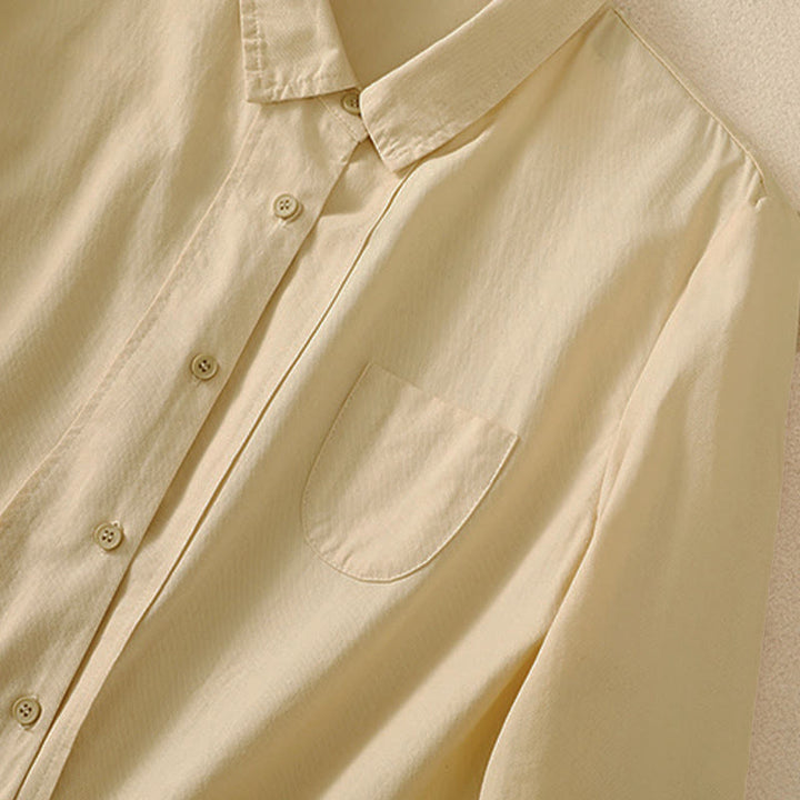 Buddha Stones Spring Lapel Long Sleeve Plain Women's Cotton Buttons Shirt With Pockets - image 10