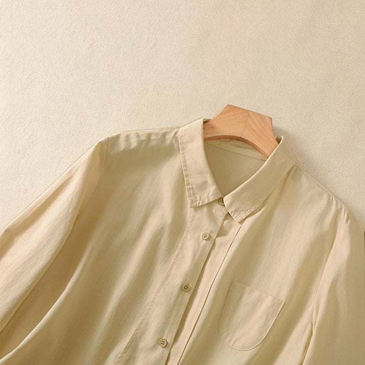 Buddha Stones Spring Lapel Long Sleeve Plain Women's Cotton Buttons Shirt With Pockets - image 11