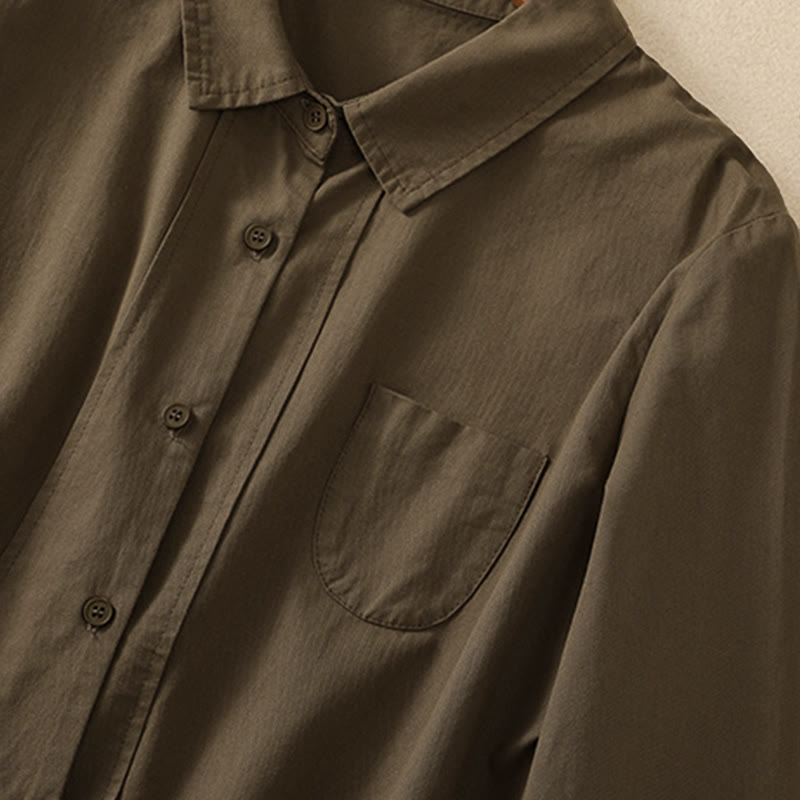 Buddha Stones Spring Lapel Long Sleeve Plain Women's Cotton Buttons Shirt With Pockets - image 3