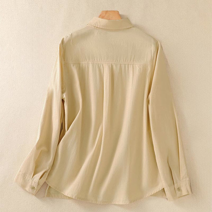 Buddha Stones Spring Lapel Long Sleeve Plain Women's Cotton Buttons Shirt With Pockets - image 9