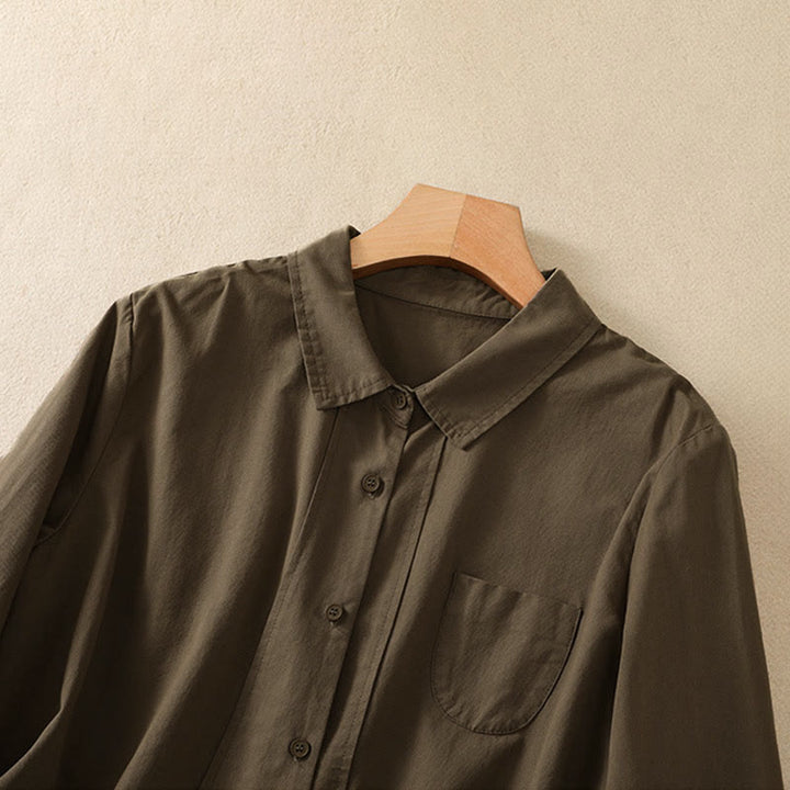 Buddha Stones Spring Lapel Long Sleeve Plain Women's Cotton Buttons Shirt With Pockets - image 2