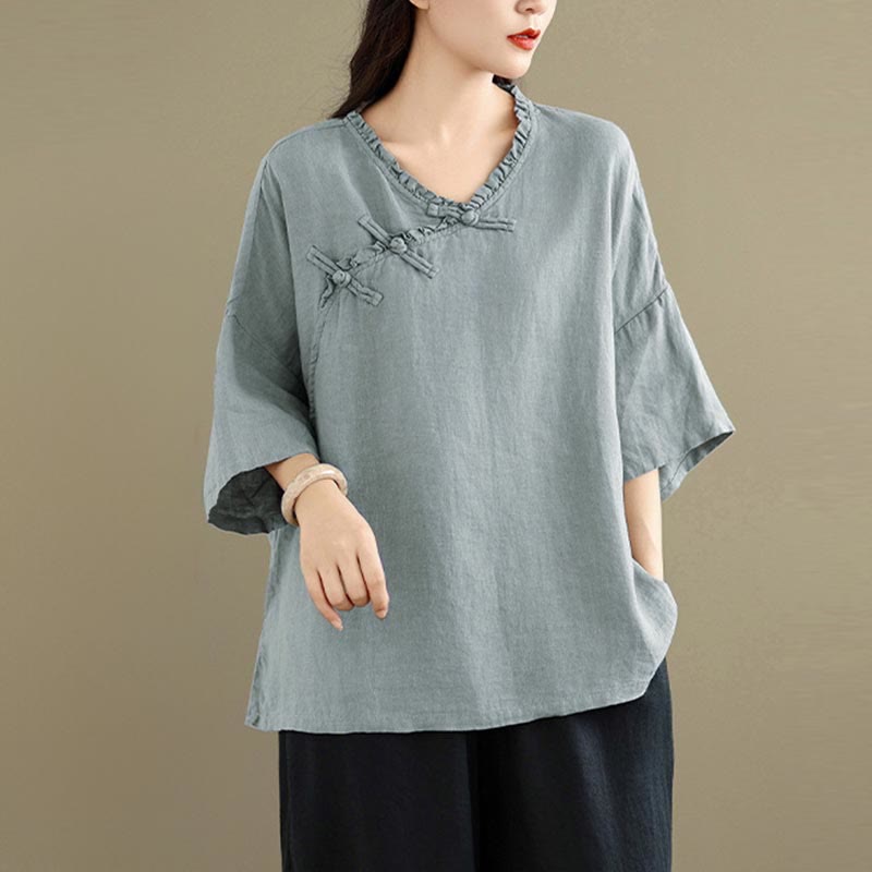 Buddha Stones Spring V-Neck Frog-Button Long Sleeve Plain Women's Cotton Shirt  - image 1
