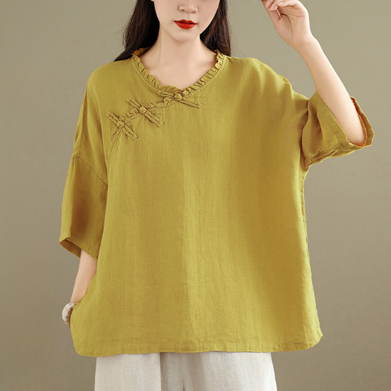 Buddha Stones Spring V-Neck Frog-Button Long Sleeve Plain Women's Cotton Shirt  - image 7