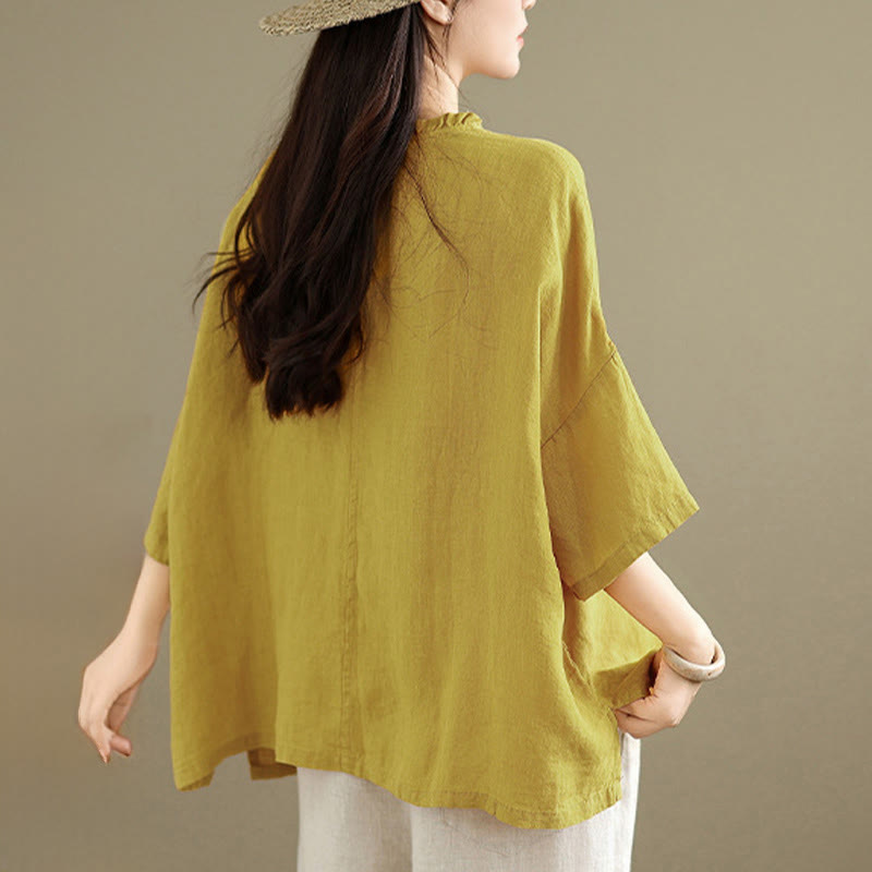 Buddha Stones Spring V-Neck Frog-Button Long Sleeve Plain Women's Cotton Shirt  - image 11