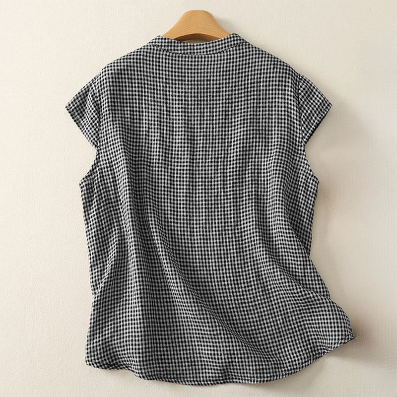Buddha Stones Summer Crew Neck Frog-Button Short Sleeve Plaid Women's Cotton Shirt  - image 1