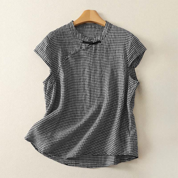 Buddha Stones Summer Crew Neck Frog-Button Short Sleeve Plaid Women's Cotton Shirt  - Black - US8-10，UK/AU12-14，EU40-42 (2XL) - image 0