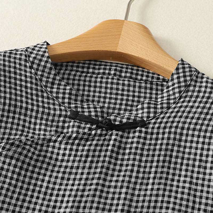 Buddha Stones Summer Crew Neck Frog-Button Short Sleeve Plaid Women's Cotton Shirt  - image 3
