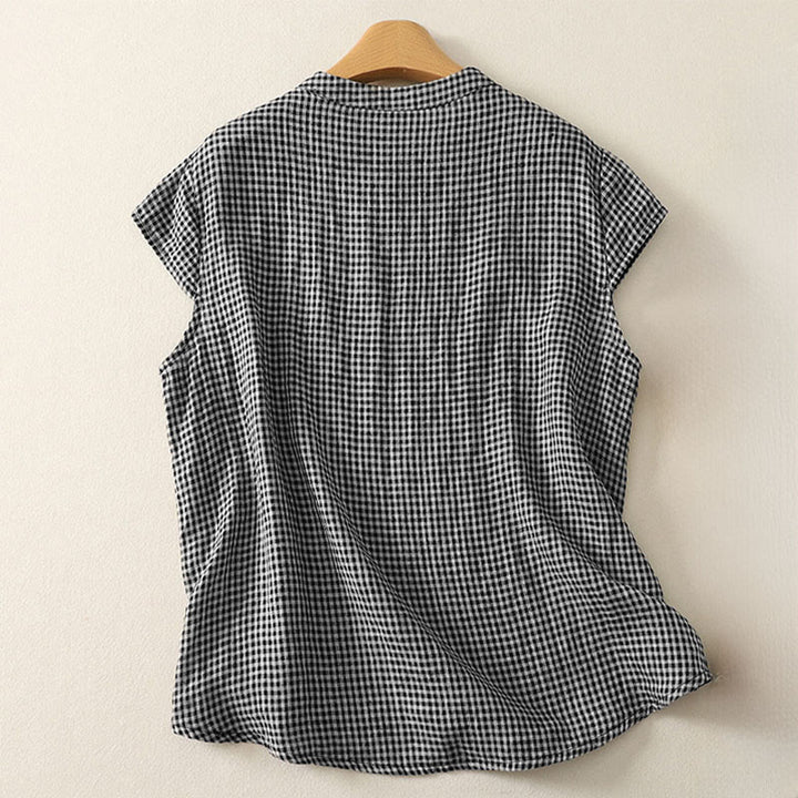 Buddha Stones Summer Crew Neck Frog-Button Short Sleeve Plaid Women's Shirt  - image 1