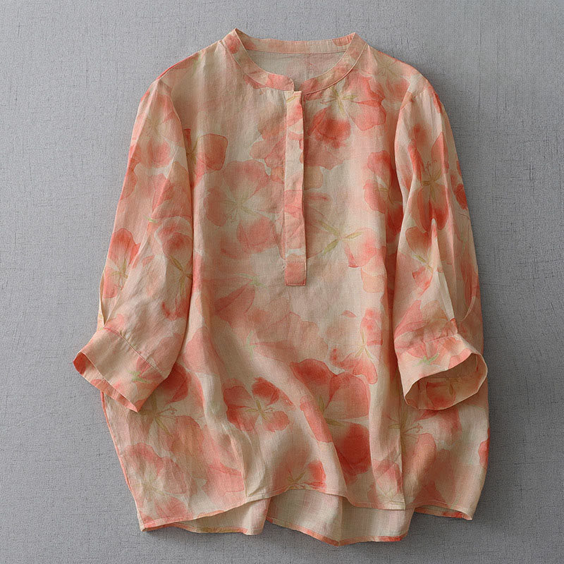 Buddha Stones Spring Floral Pattern Crew Neck Long Sleeve Women's  Polyester Shirt  - Coral - US8-10，UK/AU12-14，EU40-42 (2XL) - image 6