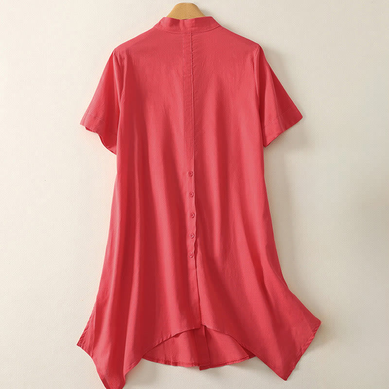 Buddha Stones Summer Stand Collar Short Sleeve Plain Women's Buttons Cotton Shirt With Pocket - image 6