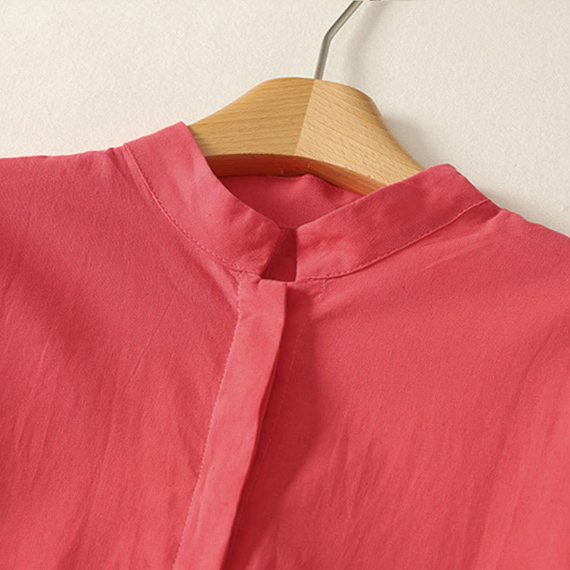 Buddha Stones Summer Stand Collar Short Sleeve Plain Women's Buttons Cotton Shirt With Pocket - image 7
