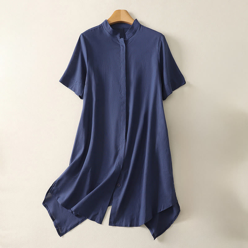 Buddha Stones Summer Stand Collar Short Sleeve Plain Women's Buttons Cotton Shirt With Pocket - DarkBlue - US8-10，UK/AU12-14，EU40-42 (2XL) - image 0
