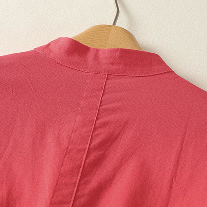 Buddha Stones Summer Stand Collar Short Sleeve Plain Women's Buttons Cotton Shirt With Pocket - image 8
