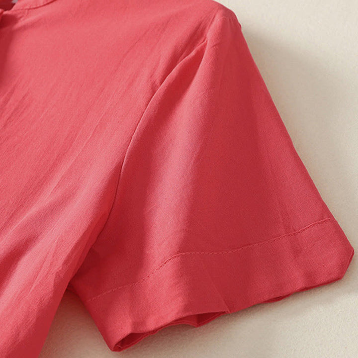 Buddha Stones Summer Stand Collar Short Sleeve Plain Women's Buttons Cotton Shirt With Pocket - image 9