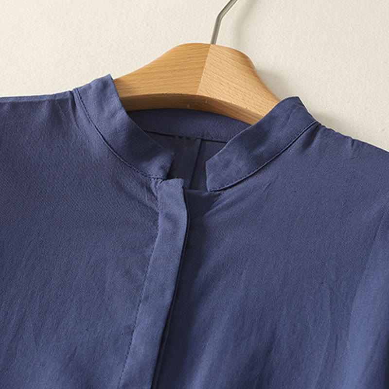 Buddha Stones Summer Stand Collar Short Sleeve Plain Women's Buttons Cotton Shirt With Pocket - image 1