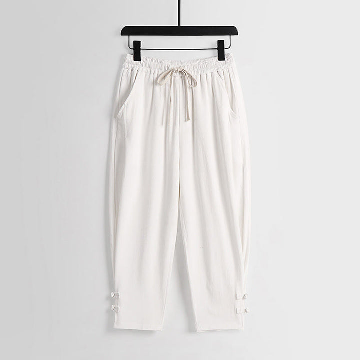 Buddha Stones Summer Drawstring Elastic Waist Frog-Button Ankle-Length Men's Cotton Linen Pants With Pockets - White - US/UK/AU54，EU64 (9XL) - image 13