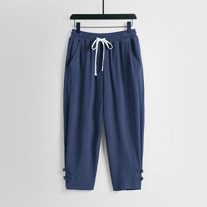 Buddha Stones Summer Drawstring Elastic Waist Frog-Button Ankle-Length Men's Cotton Linen Pants With Pockets - SteelBlue - US/UK/AU54，EU64 (9XL) - image 12