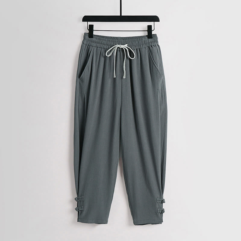 Buddha Stones Summer Drawstring Elastic Waist Frog-Button Ankle-Length Men's Cotton Linen Pants With Pockets - CadetBlue - US/UK/AU54，EU64 (9XL) - image 0