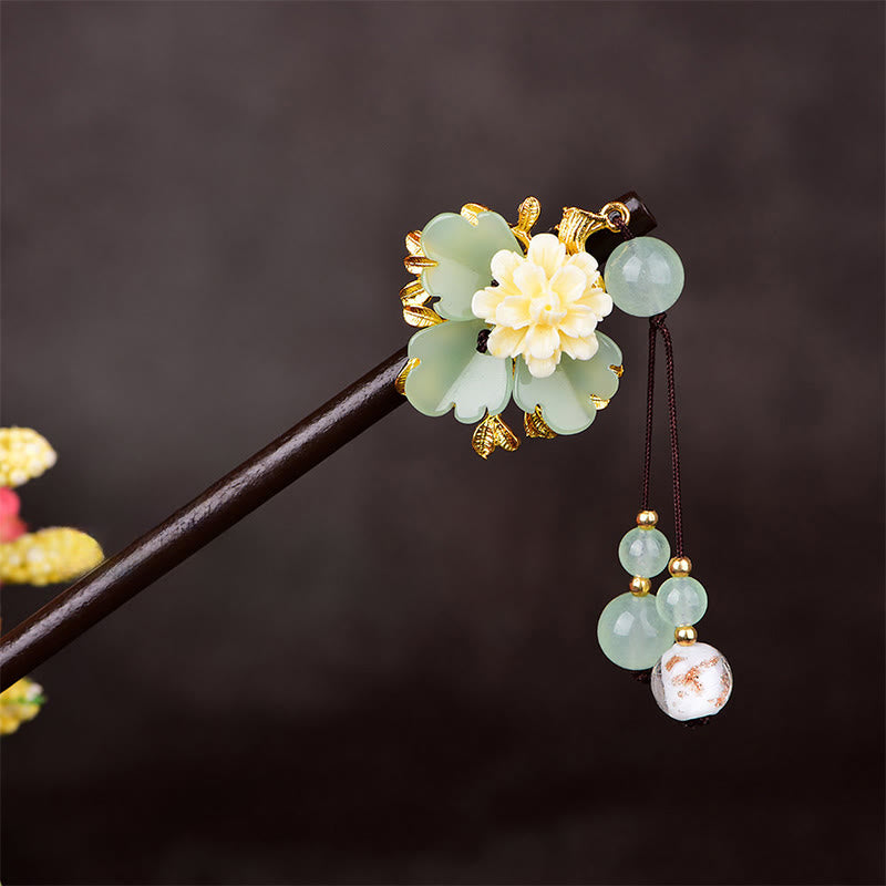 Buddha Stones Green Yellow White Flower Liuli Glass Wood Hairpin - image 2