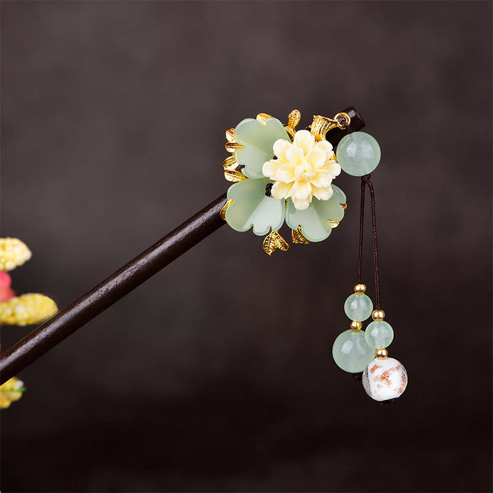 Buddha Stones Green Yellow White Flower Liuli Glass Wood Hairpin - image 2