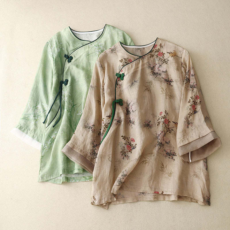Buddha Stones White Orchid Red Flowers Frog-Button Design Three Quarter Sleeve Women's Shirt - image 17
