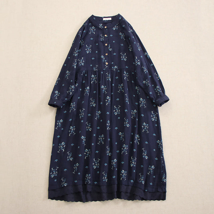 Buddha Stones Spring Small Floral Print Buttons Design Crew Neck Long Sleeve Midi Dress With Pockets - SteelBlue - US4-8/10，UK/AU8-12/14，EU36-40/42 (F) - image 0