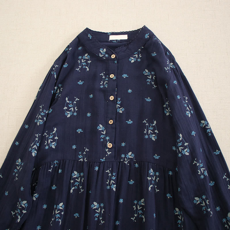 Buddha Stones Spring Small Floral Print Buttons Design Crew Neck Long Sleeve Midi Dress With Pockets - image 1