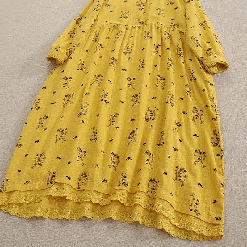 Buddha Stones Spring Small Floral Print Buttons Design Crew Neck Long Sleeve Midi Dress With Pockets - image 20