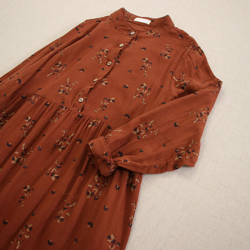 Buddha Stones Spring Small Floral Print Buttons Design Crew Neck Long Sleeve Midi Dress With Pockets - image 25