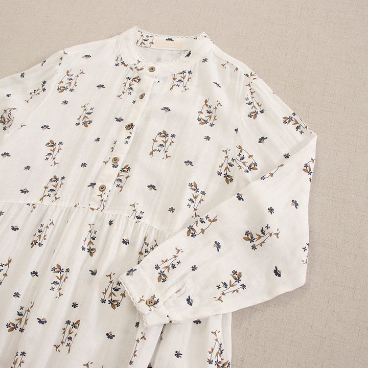 Buddha Stones Spring Small Floral Print Buttons Design Crew Neck Long Sleeve Midi Dress With Pockets - image 48