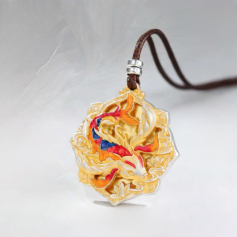 Buddha Stones 999 Sterling Silver Colorful Koi Fish Carved Luck Necklace Pendant - image 9