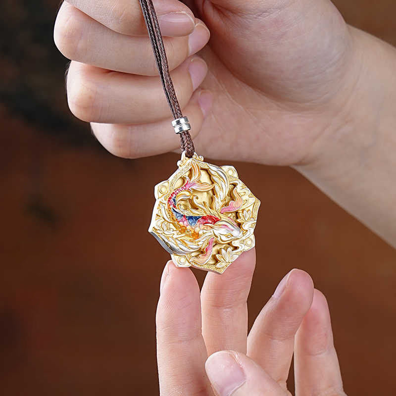 Buddha Stones 999 Sterling Silver Colorful Koi Fish Carved Luck Necklace Pendant - image 4
