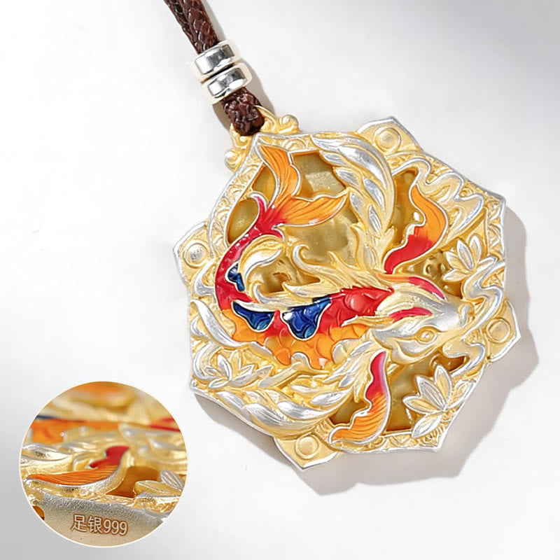 Buddha Stones 999 Sterling Silver Colorful Koi Fish Carved Luck Necklace Pendant - image 14