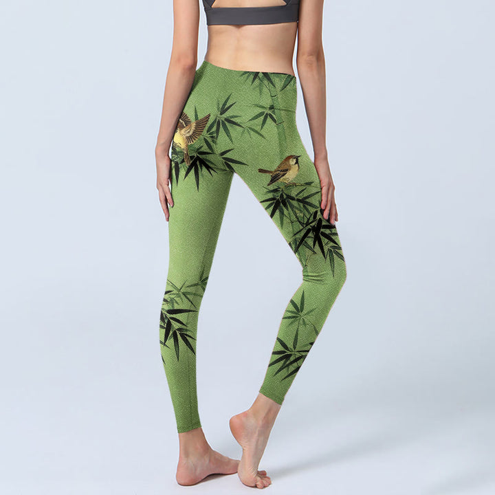 Buddha Stones Elegant Bird Bamboo Leaf Pattern Print Gym Leggings Women's Yoga Pants - image 4