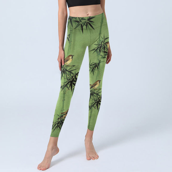 Buddha Stones Elegant Bird Bamboo Leaf Pattern Print Gym Leggings Women's Yoga Pants - image 5