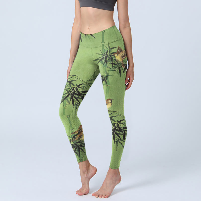 Buddha Stones Elegant Bird Bamboo Leaf Pattern Print Gym Leggings Women's Yoga Pants - YellowGreen - US18，UK/AU22，EU50 (4XL) - image 0