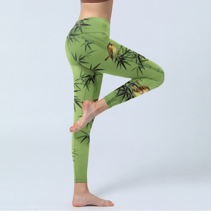 Buddha Stones Elegant Bird Bamboo Leaf Pattern Print Gym Leggings Women's Yoga Pants - image 3