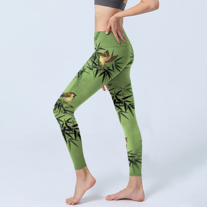 Buddha Stones Elegant Bird Bamboo Leaf Pattern Print Gym Leggings Women's Yoga Pants - image 2