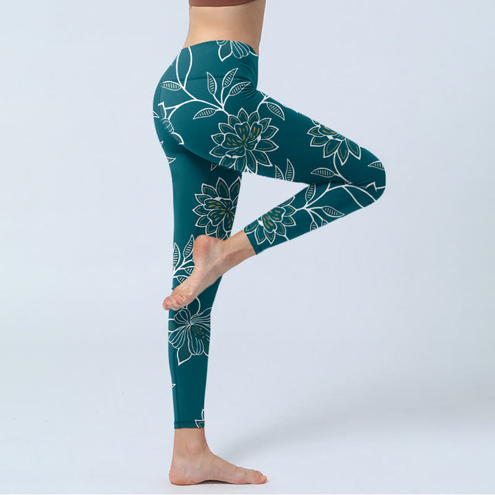 Buddha Stones Retro Elegant Flower Leaf Pattern Print Gym Leggings Women's Yoga Pants - image 3