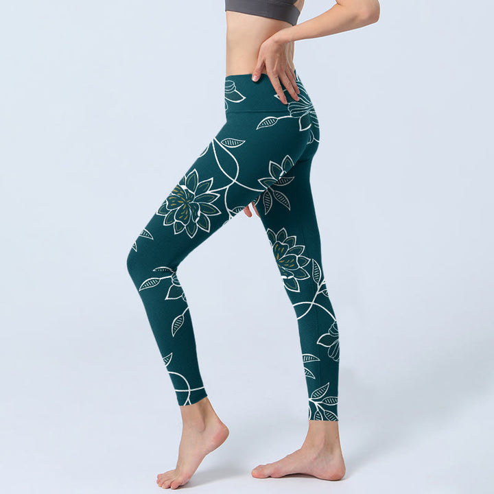 Buddha Stones Retro Elegant Flower Leaf Pattern Print Gym Leggings Women's Yoga Pants - image 2