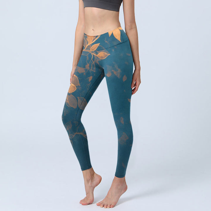 Buddha Stones Elegant Leaf Pattern Print Gym Leggings Women's Yoga Pants - SteelBlue - US18，UK/AU22，EU50 (4XL) - image 0