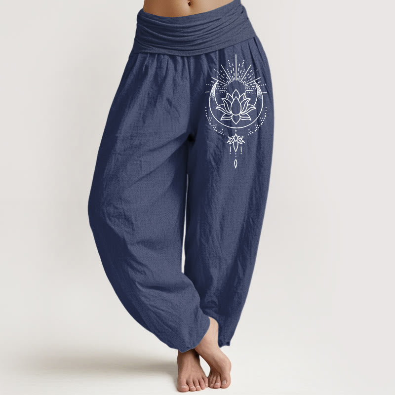 Buddha Stones Pure Cotton Concise Lotus Flower Pattern Women's Elastic Waist Harem Pants - DarkSlateBlue - US16，UK/AU20，EU48 (3XL) - image 0