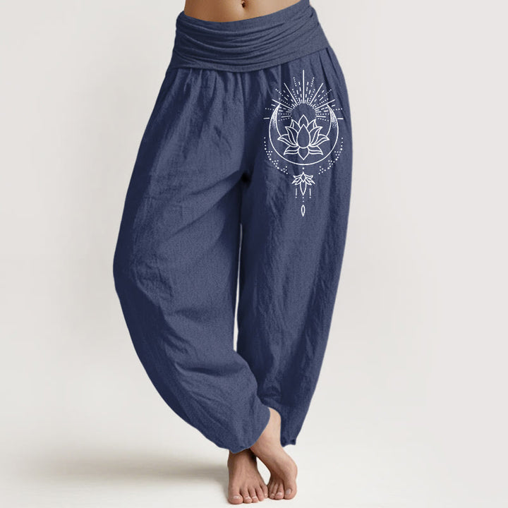 Buddha Stones Pure Cotton Concise Lotus Flower Pattern Women's Elastic Waist Harem Pants - DarkSlateBlue - US16，UK/AU20，EU48 (3XL) - image 0
