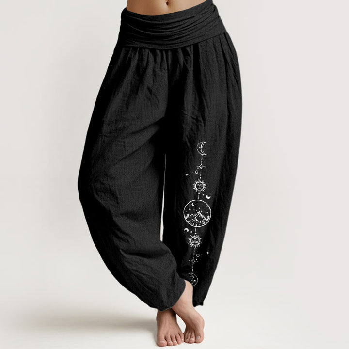 Buddha Stones Pure Cotton Minimalist Design Moon Sun Star Mountain Pattern Women's Elastic Waist Harem Pants - Black - US16，UK/AU20，EU48 (3XL) - image 5