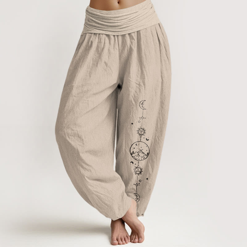 Buddha Stones Pure Cotton Minimalist Design Moon Sun Star Mountain Pattern Women's Elastic Waist Harem Pants - Tan - US16，UK/AU20，EU48 (3XL) - image 11