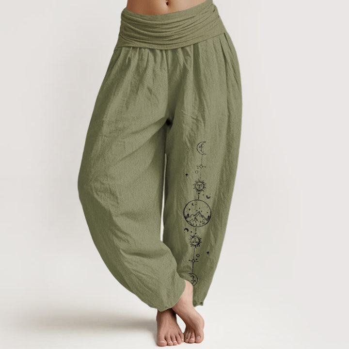 Buddha Stones Pure Cotton Minimalist Design Moon Sun Star Mountain Pattern Women's Elastic Waist Harem Pants - OliveDrab - US16，UK/AU20，EU48 (3XL) - image 14