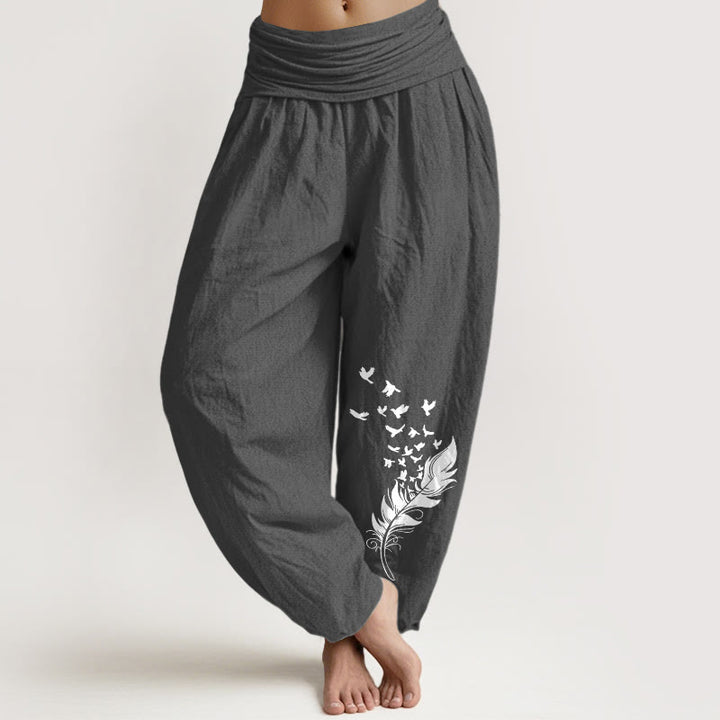 Buddha Stones Pure Cotton Vivid Bird Feather Pattern Women's Elastic Waist Harem Pants - DimGray - US16，UK/AU20，EU48 (3XL) - image 0