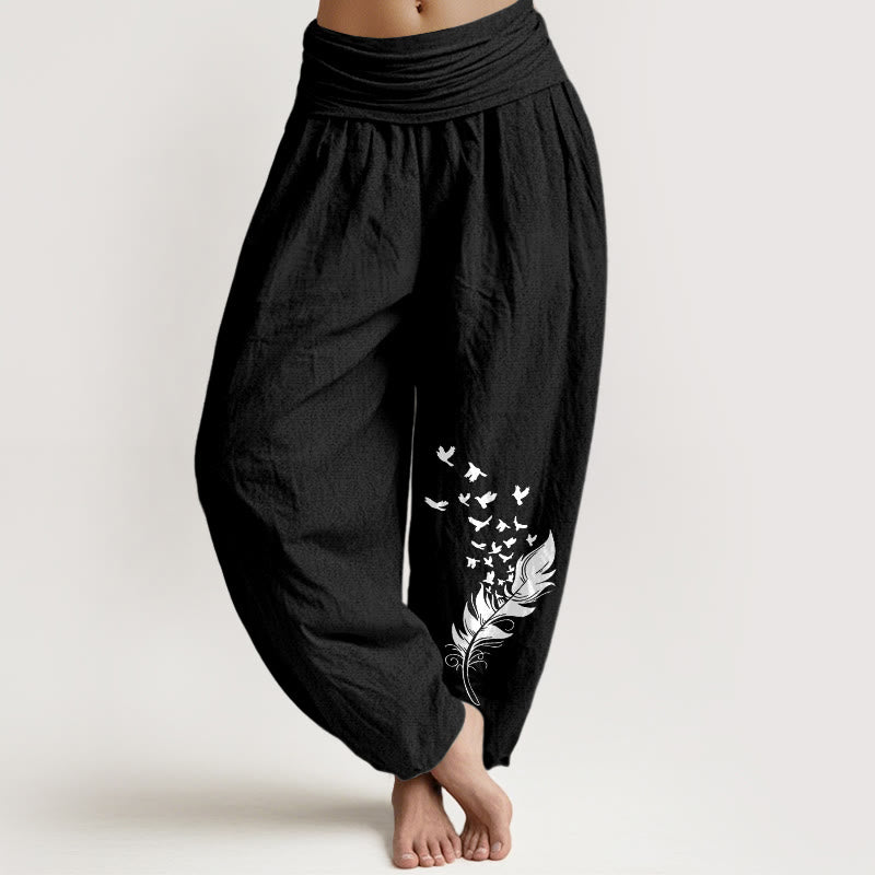 Buddha Stones Pure Cotton Vivid Bird Feather Pattern Women's Elastic Waist Harem Pants - Black - US16，UK/AU20，EU48 (3XL) - image 5