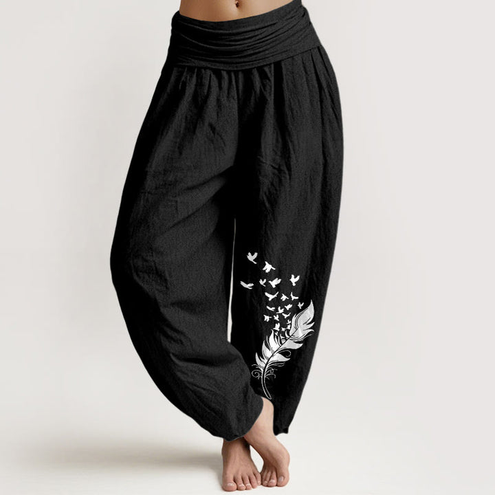Buddha Stones Pure Cotton Vivid Bird Feather Pattern Women's Elastic Waist Harem Pants - Black - US16，UK/AU20，EU48 (3XL) - image 5